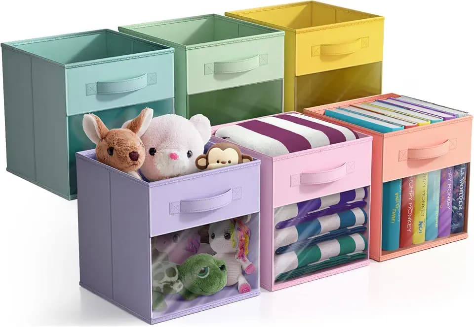 Sorbus Storage Bins with Clear Window, 6 Pack (11", Pastel Multi-Color)