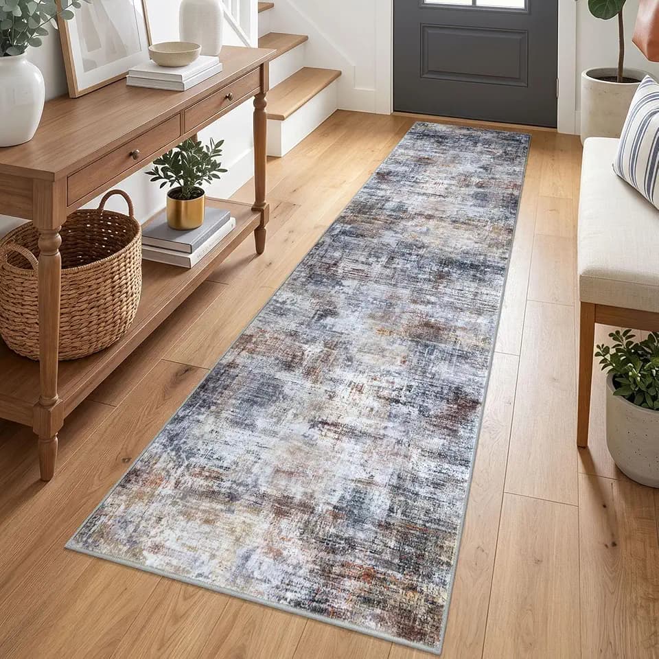 IOHOUZE Abstract Runner Rug 2x7 Ft Washable Runners for Hallways, Non Slip Kitchen Runner Printed Faux Wool Entryway Runners Indoor, Modern Abstract Floor Carpet for Hall Kitchen Bedroom, Orange Grey