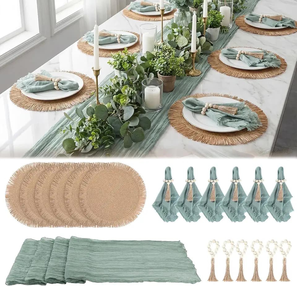 Frienda 6 Pcs Boho Woven Placemat Set with Runner, Napkin Rings, Sage Green