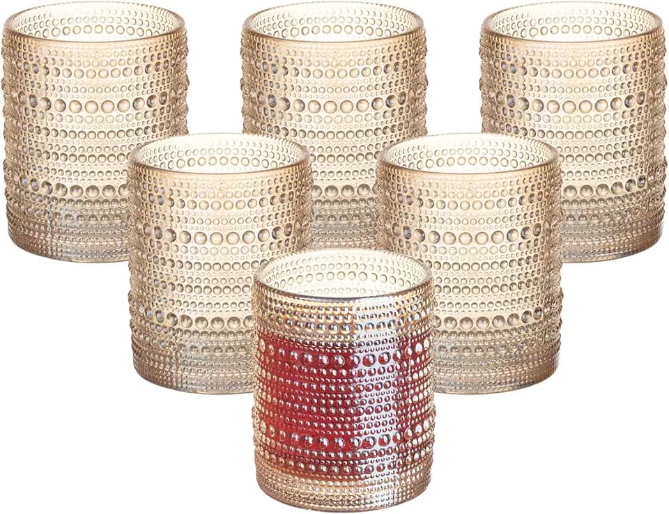 XKXKKE Amber Hobnail Beaded Drinking Glasses Set of 6, 12 oz Vintage Glassware Set Romantic Water Glasses Tumbler, Water Cups, Clear Embossed Glassware Set for Beer, Juice, Cocktail, Soda, Beverages