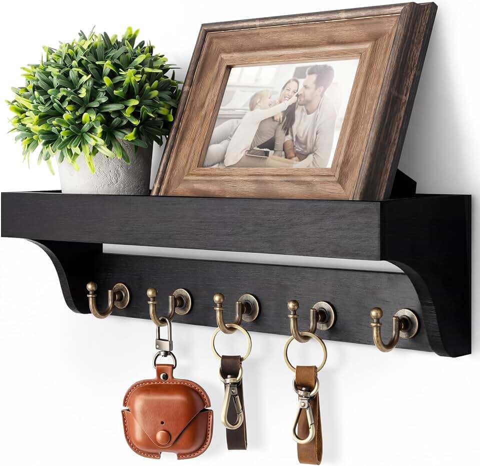 Rebee Vision Key Holder Wall Mount with Shelf & 5 Hooks for Entryway, Black