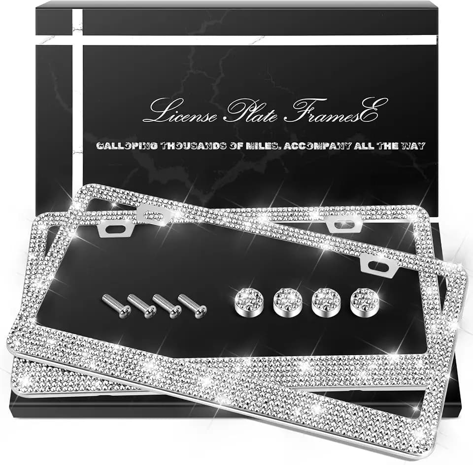QUANQIUFEI 2 x Bling-Kennzeichenrahmen, glitzernde Strass-Diamant-Auto-Kennzeichenabdeckung für Frauen, Edelstahl-Autozubehör mit Glitzer-Kristallkappen, Silber