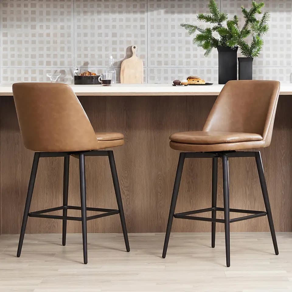 CHITA Swivel Bar Stools, 27.2" Counter Height Bar Stools Set of 2, FSC Certified Upholstered Modern Counter Stools, Metal Legs, Faux Leather, Saddle Brown