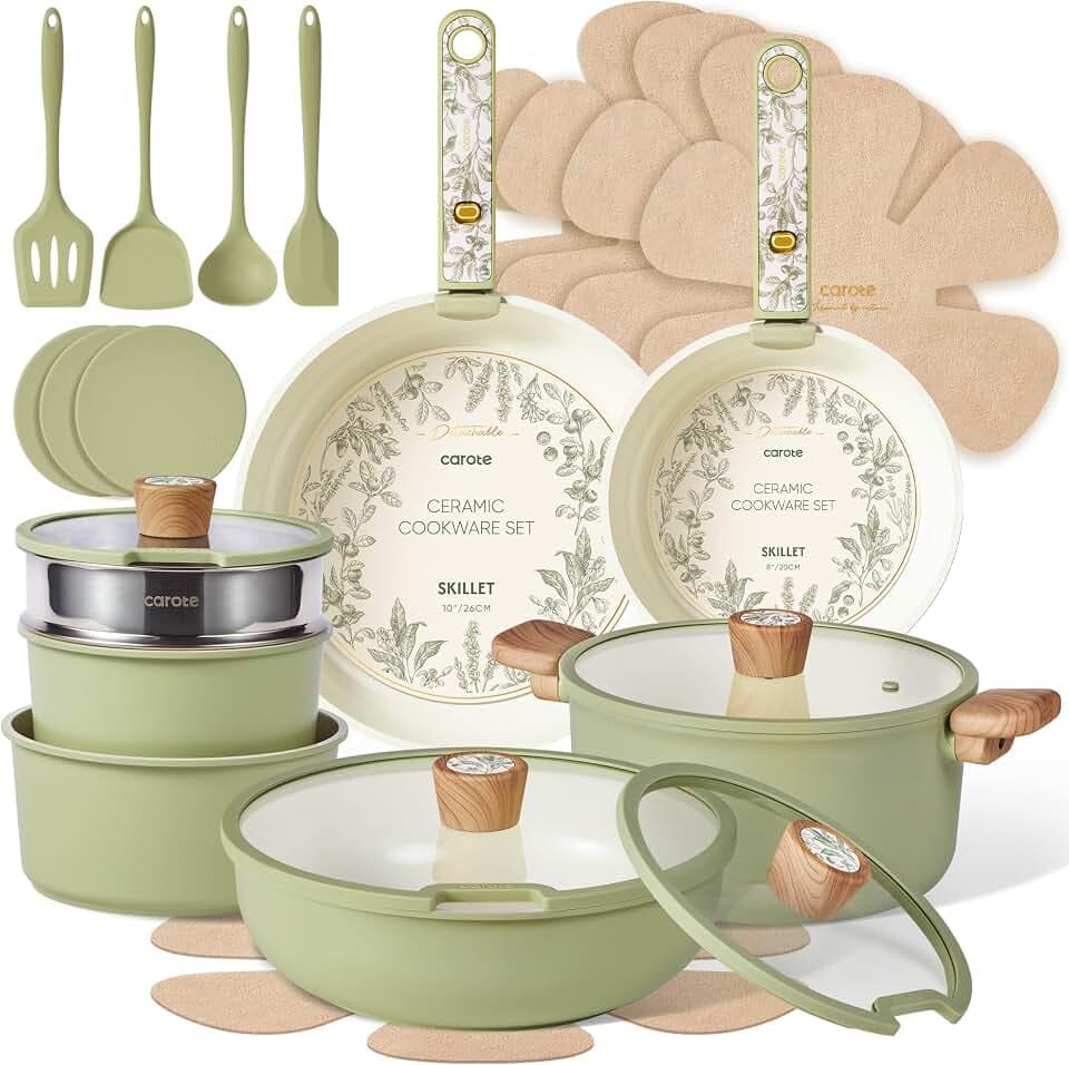 CAROTE 25pcs Ceramic Cookware Sets, Detachable Handle Pots and Pans Set