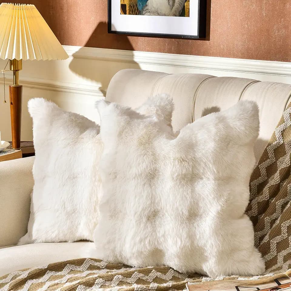 AmHoo Pack of 2 Throw Pillow Covers 3D Dense Faux Rabbit Fur Cozy Super Soft Fuzzy Set Case Cushion for Couch Sofa Bedroom 22 x 22-Inch Cream White