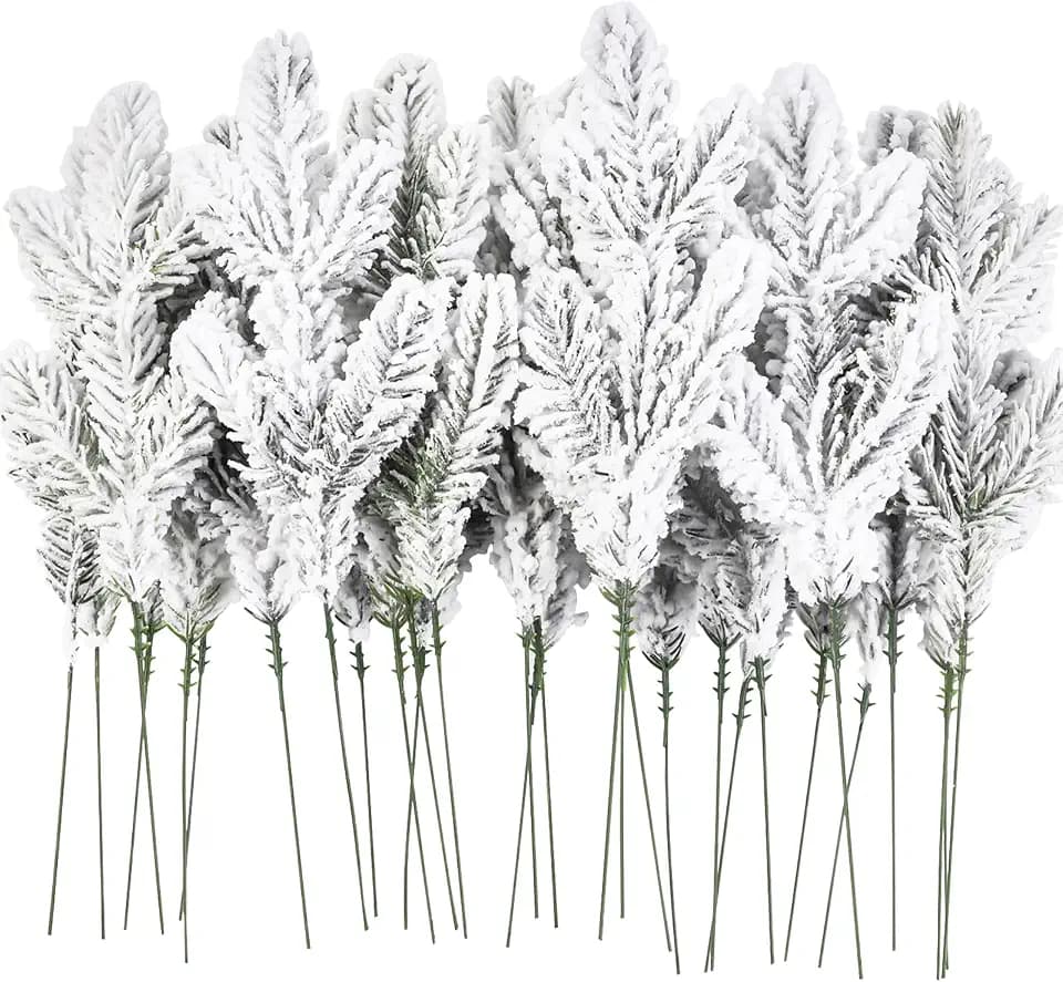 DIYDEC 30pcs Snowy Pine Branches 11.8" Christmas Artificial Pine Picks Branches Snowy Pine Needles Frosted Faux Pine Picks Greenery Stems for Christmas Tree Garland Wreath Vase DIY Crafts Home Winter