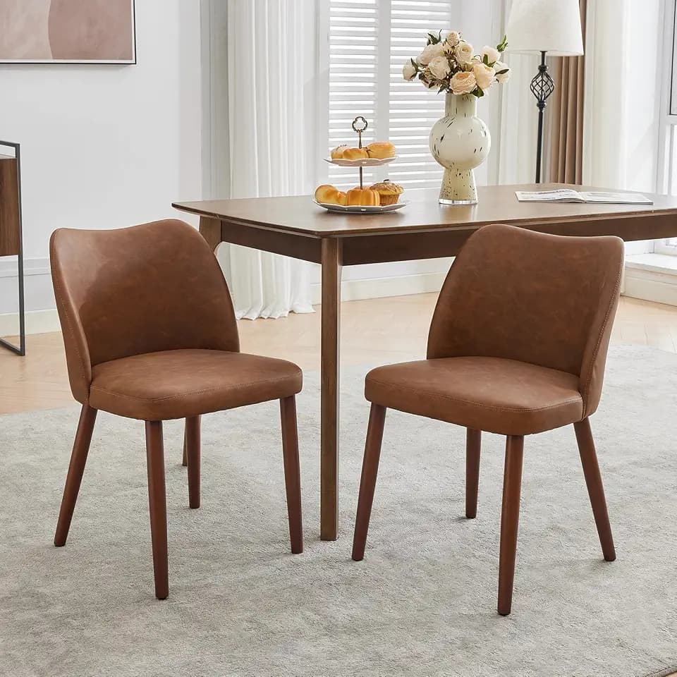 Dining Chair Set of 2, Leather Upholstered Dining Chair with Wood Legs, Wing Backrest, Wooden Kitchen Chair, Kitchen Chairs with Thick Cushions for Dining Room, Living Room, Brown
