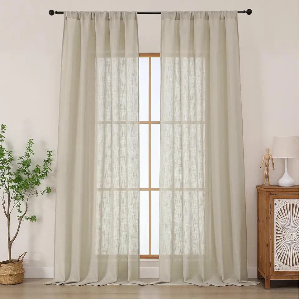 Chyhomenyc Extra Long Semi Sheer Curtains 108 Inches Long 2 Panels Set, Light Filtering Faux Linen Slub Textured Burlap Drapes for Bedroom Floor to Ceiling Window, 50Wx108L, 2PCS, 9FT, Linen Color