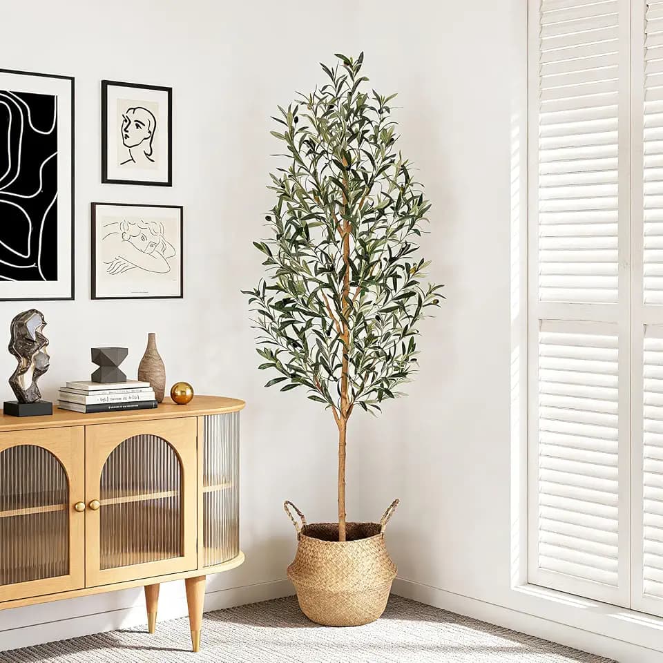 Kazeila 6FT Faux Olive Tree, Tall Indoor Plant with Seagrass Basket