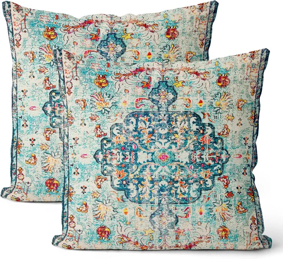 Boho Pillow Covers 18x18 Set of 2, Carpet Pattern Teal Orange Decorative Throw Pillows Farmhouse Bohemian Cushion Pillow Covers for Sofa Couch Outdoor Decor