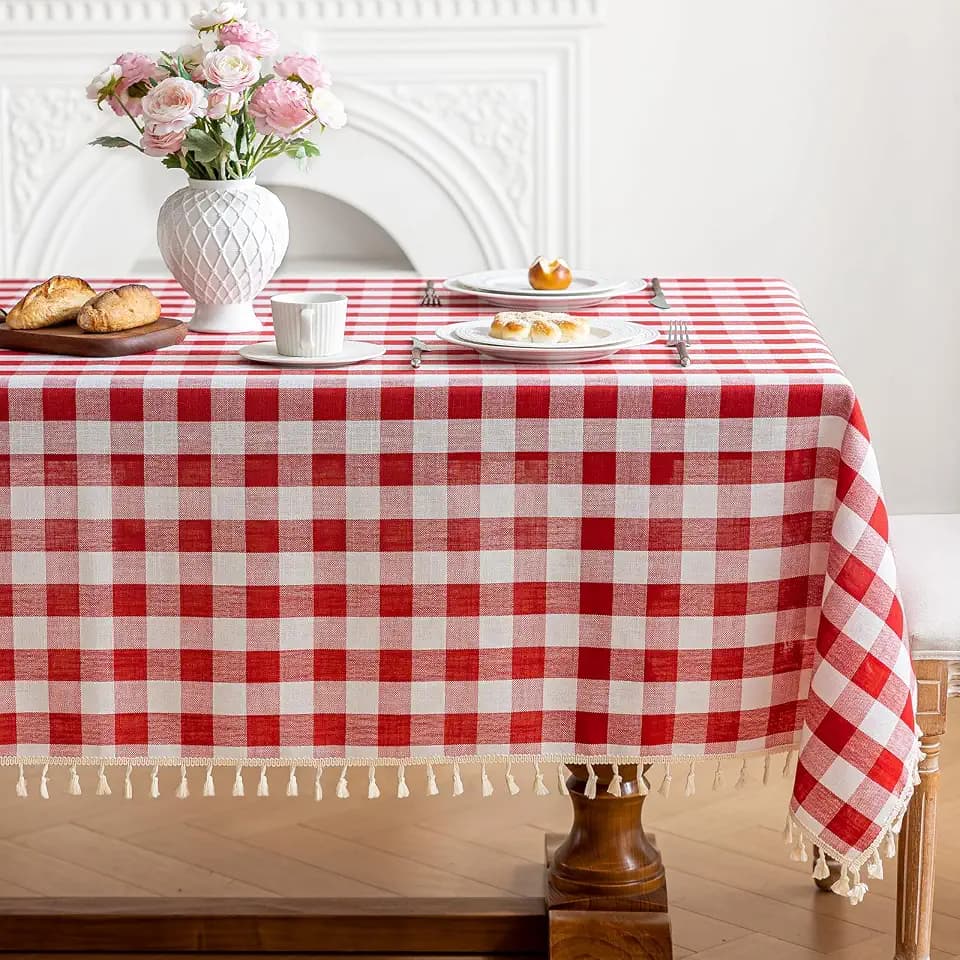 Checkered Tablecloth Rectangle Cotton Linen Gingham Table Cloth with Tassel Washable Wrinkle Free Heavy Duty Buffalo Plaid Table Cover for Dining/Party/Picnic (Red, 55" x 102" (Rectangular))