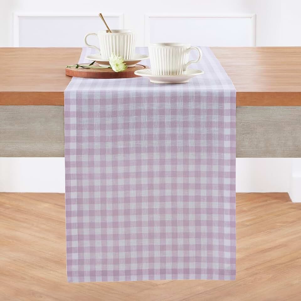 Solino Home 100% Pure Linen Table Runner Lilac, Gingham Check 14 x 108 in