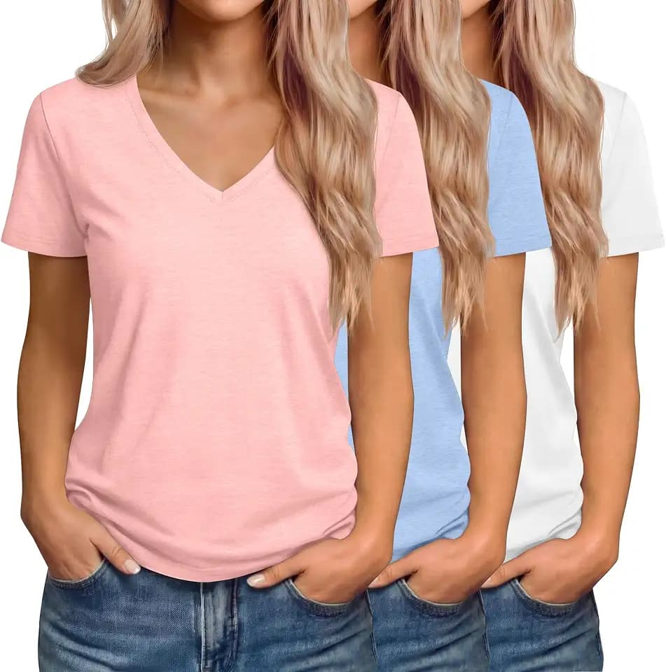 Riyiper 3 Pcs Womens V Neck Loose Fit T-Shirts Short Sleeve Tops
