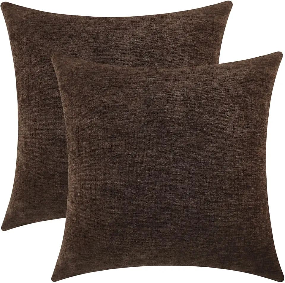 Coffee Brown Chenille Decorative Couch Throw Pillow Covers, Soft Cushion Cases for Home Livingroom Sofa Décor, Pack of 2, 16 x 16 Inches