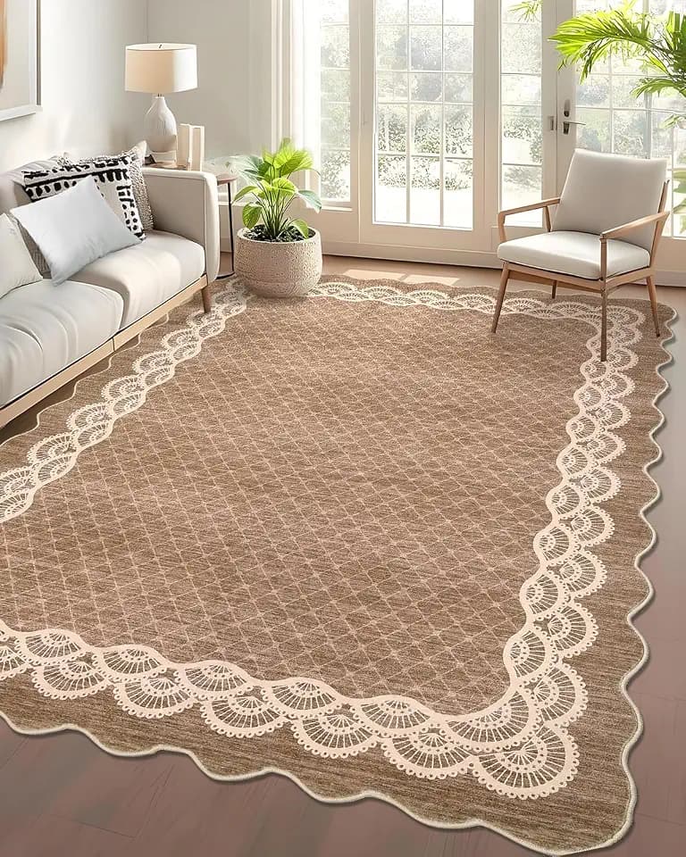 GarveeHome Scalloped Washable 8x10 Rugs for Living Room, Large Modern Bedroom Carpet with Non-Slip Backing, Non Shedding Low Pile Neutral Rug, Washable Scalloped Carpet for Farmhouse, Brown
