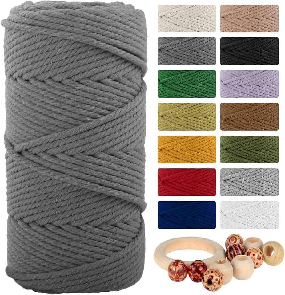 Gray Macrame Cotton Cord 5mm x 109yd 4 Strand, Munzong 100m Craft Cord