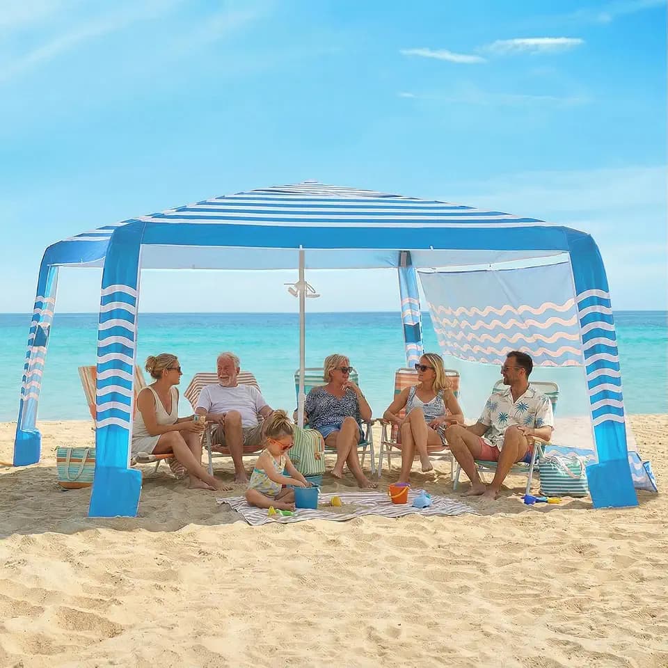 Zeraty Beach Cabana 8'×8', Portable Beach Canopy with Side Wall, UPF 50+ Silver-Coated Beach Tent Sun Shelter Easy Pop Up, Wind Resistant Adjustable Height Beach Umbrella Tent for Family, Sky Blue