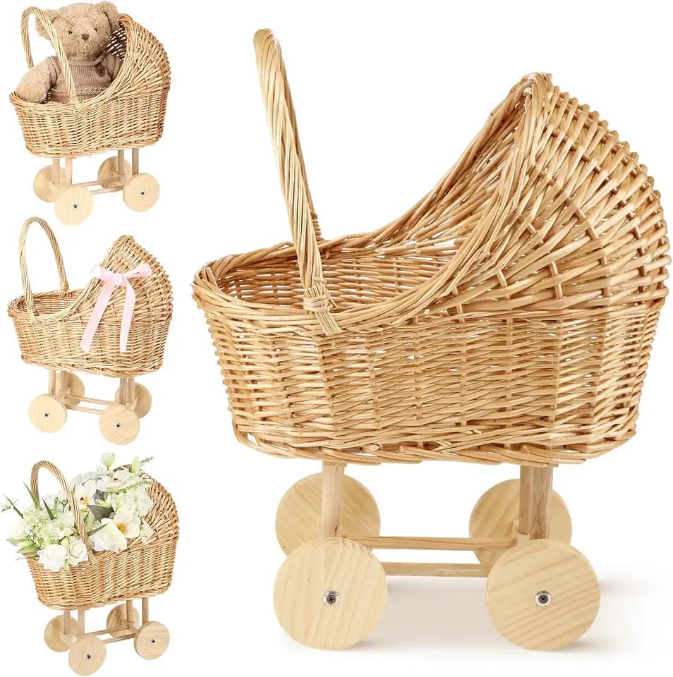 Wicker Baby Carriage for Baby Shower Vintage Wicker Stroller Woven Rattan Flower Basket Rustic Decorative Cart Storage with Handle for Floral Arrangement Wedding Photo Props(Wood Color,24 in)