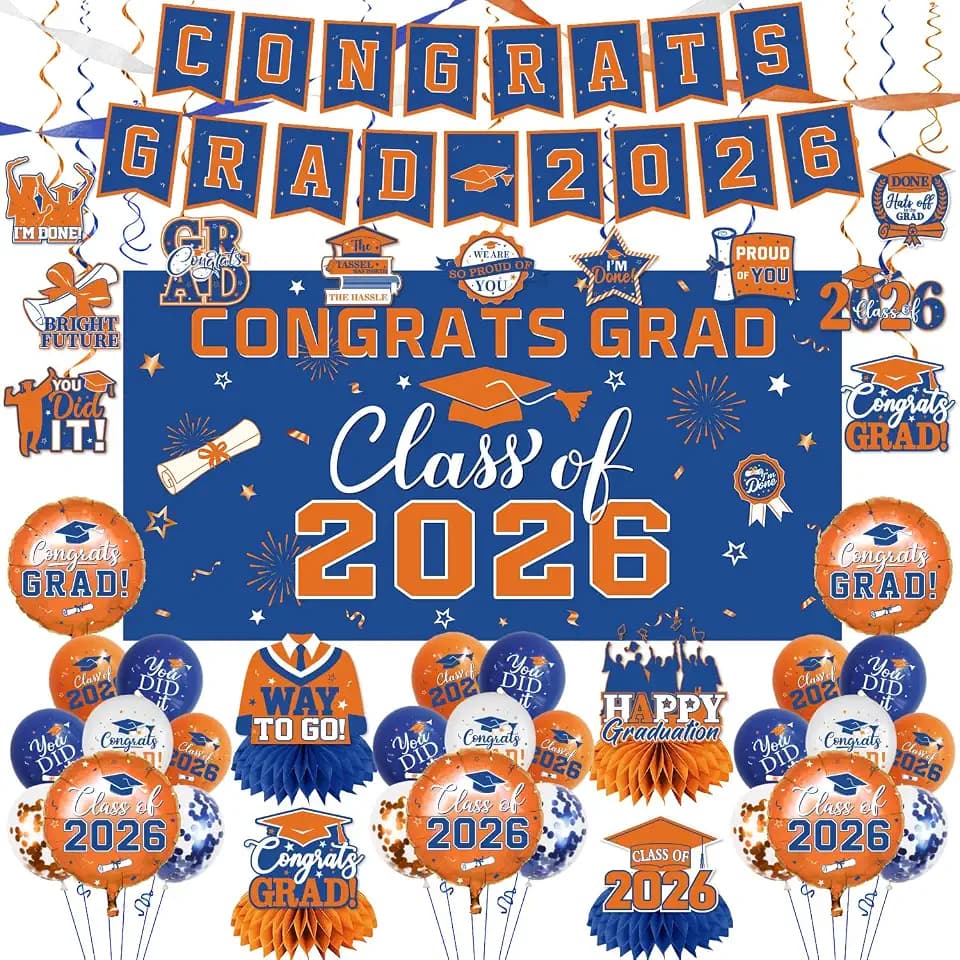 2026 Graduation Decorations-Class of 2026 Decorations Set with Congrats Grad Backdrop,Banner,Honeycomb Centerpiece and Balloons for Blue Orange Graduation Party Supplies