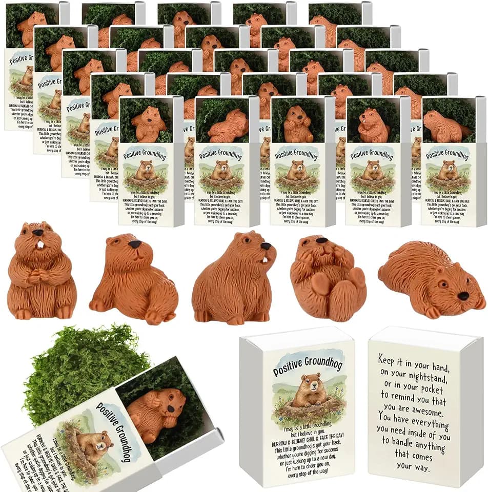 Cinnvoice 25 Set Positive Gifts Bulk Mini Desk Figurines, Groundhog