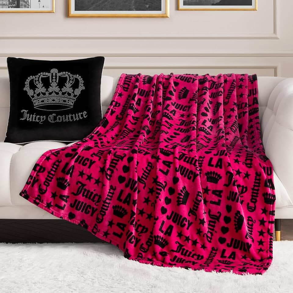Juicy Couture Luxurious Throw Blanket for Couch - 50” x 70” Inches - Crown Royal Blanket - Plush & Cozy Throw Blanket - Decorative Blankets for Sofas, Throws for Chairs, and Beds – Hot Pink/Black