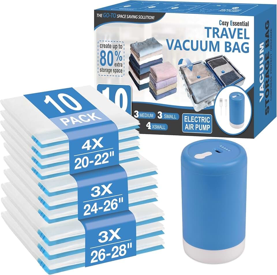 Travel Vacuum Storage Bags with Rechargeable Cordless USB Pump, 10 Combo