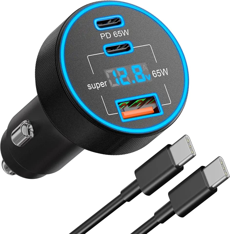 130W Zigarettenanzünder mit LED Voltmeter 3-Port KFZ Ladegerät Typ-C Kabel | USB-C/A Auto Ladegerät 1M Ladekabel 12V Car Adapter PD/QC Handyladegerät für iPhone 18 17 16 15 Pro Max Duo, Samsung, Android