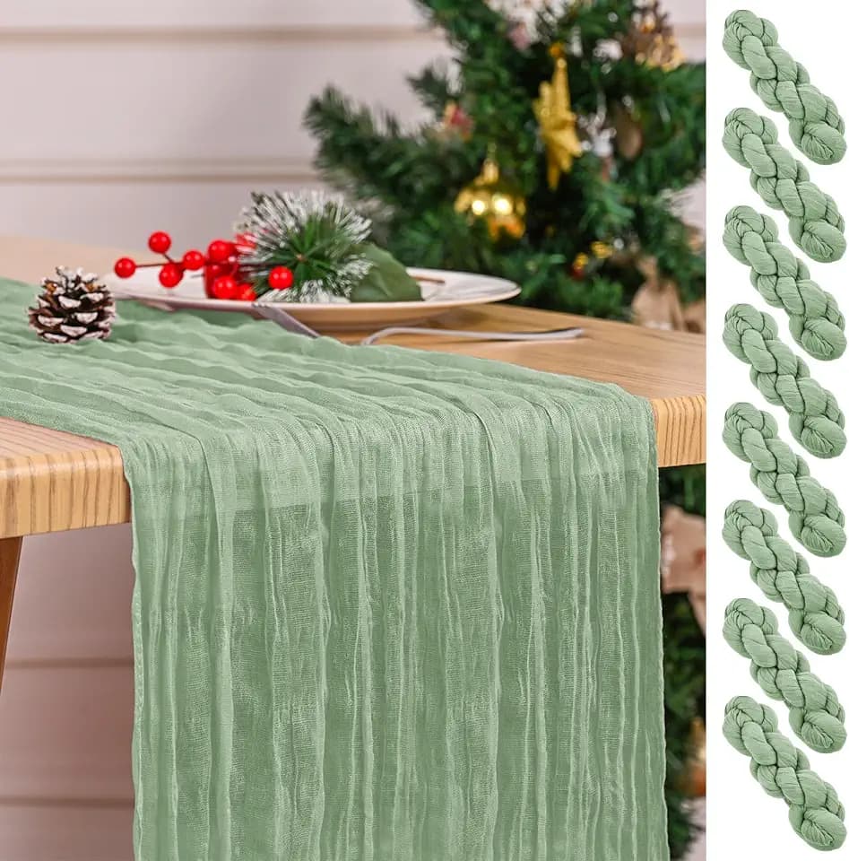 8 Pack Sage Green Table Runner 17 x 108inch Cheesecloth Table Runner Boho Gauze Table Runners Romantic Rustic Sheer Fabric Cheese Cloth Table Runners for Wedding Party Bridal Shower Spring Table Decor
