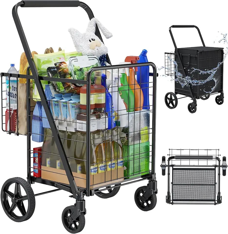 Folding Shopping Cart with Waterproof Bag, Double Basket Grocery Cart
