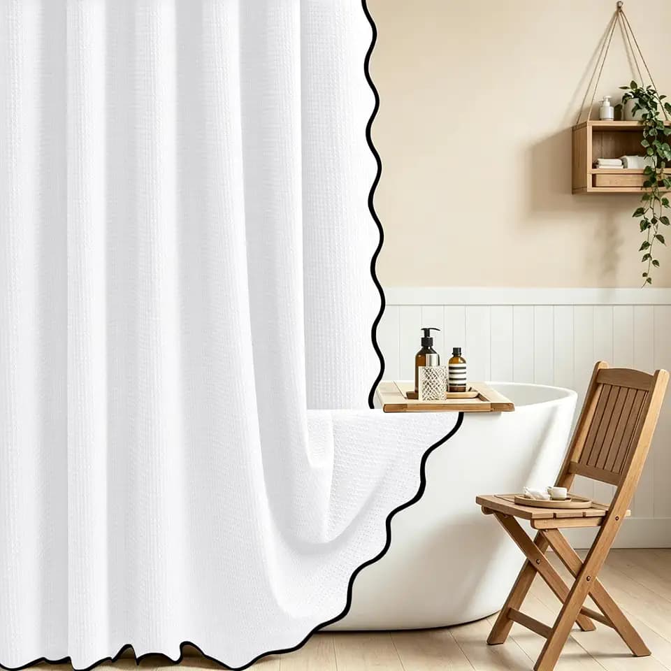Dynamene Extra Wide Scalloped Shower Curtain, Waffle Fabric, 108x72, White