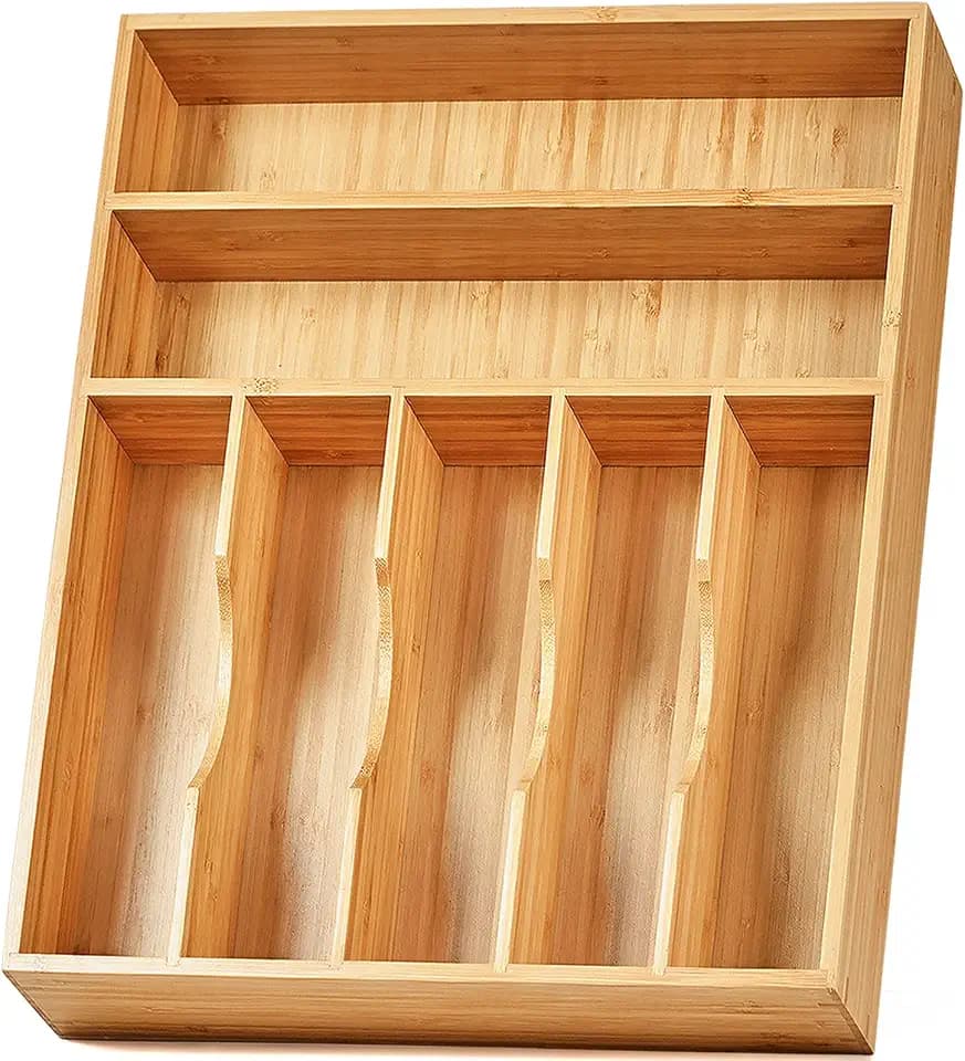 Umilife Kitchen Drawer Organizer, 12.5 Inch Silverware Utensil Tray Holder, Extra Deep, with Non-Slip Feet & Grooved Drawer Divider, 7 Slots Total Bamboo Wood Caddy for Flatware Cutlery Knives