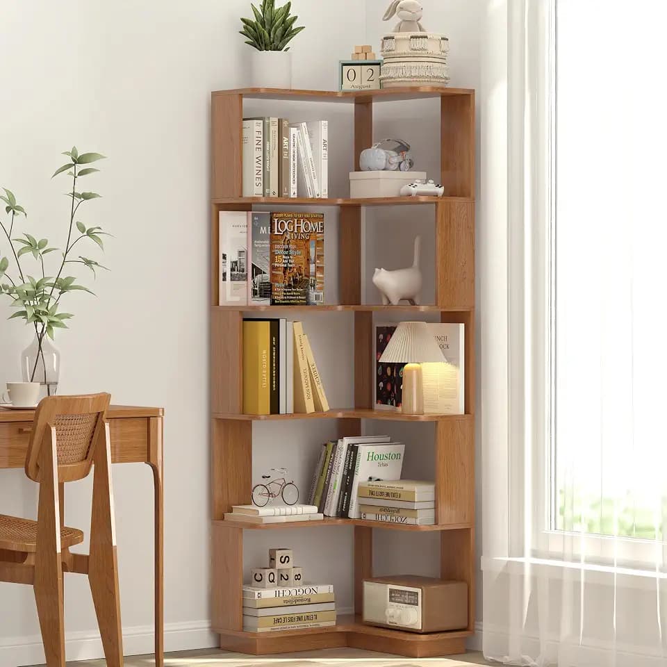 GDFStudio 64.6" Tall L-Shaped Corner Bookshelf, 6-Tier Freestanding Corner Shelf Bookcase with Anti-Drop Panels, Wooden Open Back Display Shelves Organizer for Living Room Bedroom Office, Dark Oak