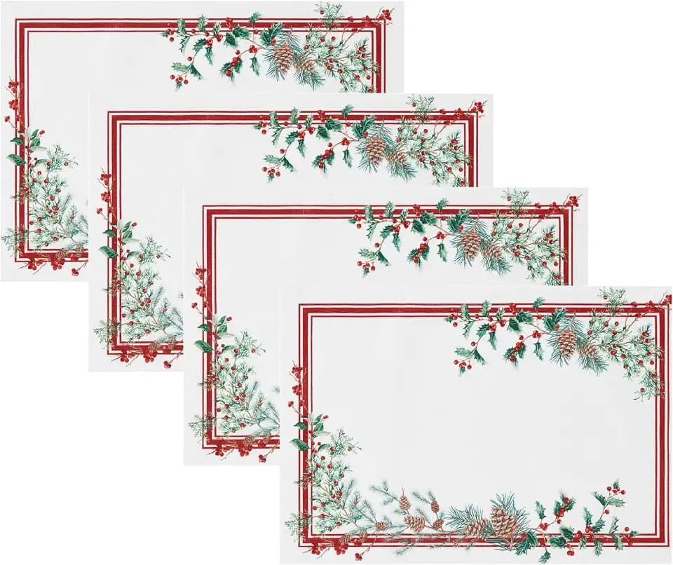 Winter Holiday Berry Fabric Placemat Set of 4, Multicolor - 13" W x 19" L