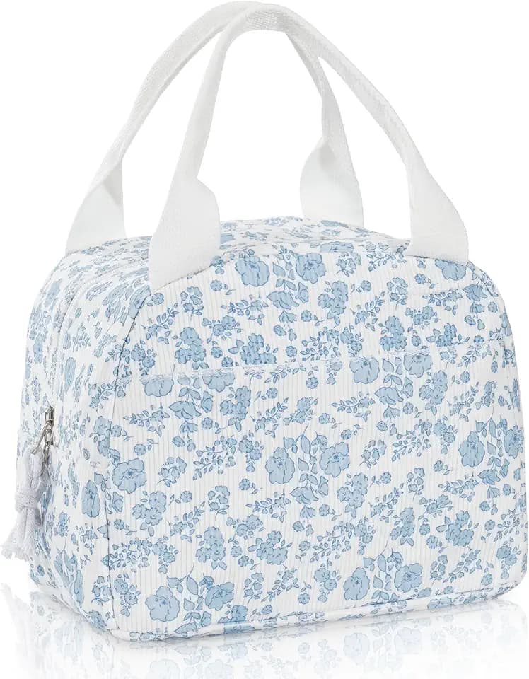 Lunch Bag for Women Insulated Lunch Box Reusable Cooler Bag Portable Cute Corduroy Leakproof Tote Bags for Travel, Work, and Picnic, Blue Flower
