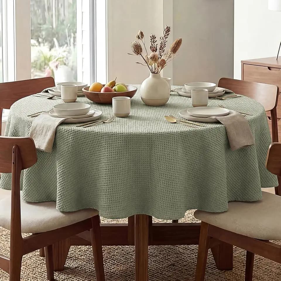 H.VERSAILTEX Round Tablecloth Waffle Textured Waterproof Table Cloth Stain Resistant Wrinkle Free Washable Decorative Table Cover for Dining, Kitchen, Wedding and Parties (60x60 Inch, Sage)