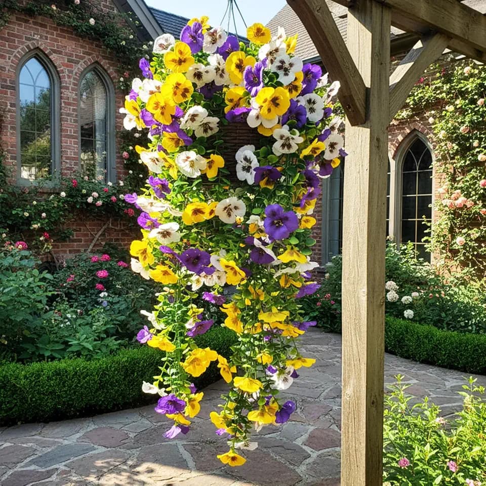 2 Pcs Artificial Fake Hanging Flowers for Outdoor/Indoor, Faux Silk Pansies Spring Flowers for Outside for Planter Front Door Porch Yard Patio Window Box Home Decor (Purple, Yellow, White)