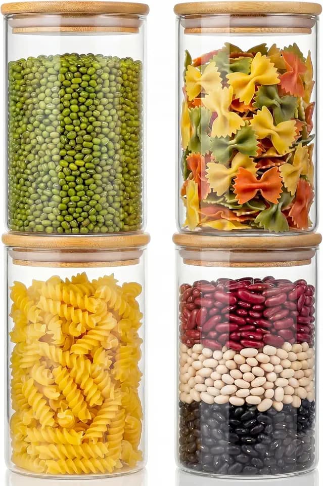 32 oz Round Glass Food Storage Containers with Airtight Bamboo Lids, 4 Pack