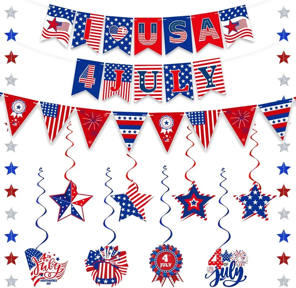 4th of July Decorations Patriotic Decorations - 21Pcs LOVE USA 4 JULY Banner Red White Blue Star Streamer Pennant Hanging Swirls for Veterans Labor Presidents Flag Memorial Day
