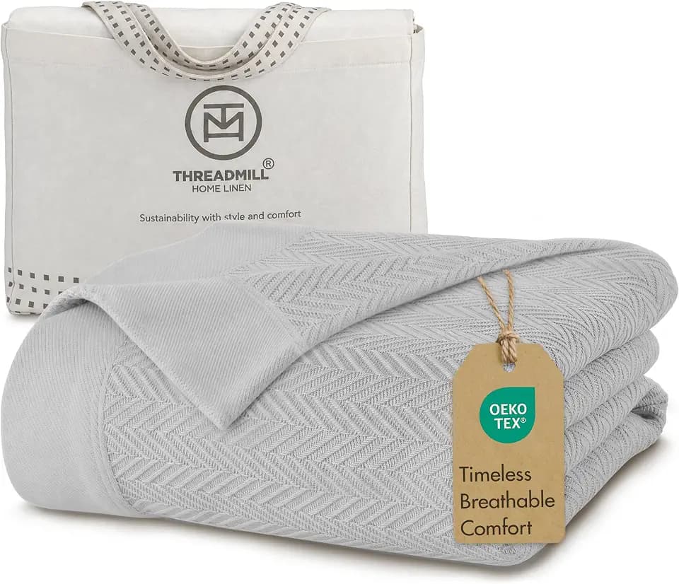 Threadmill Luxury 100% Cotton Queen Herringbone Blanket, Light Grey
