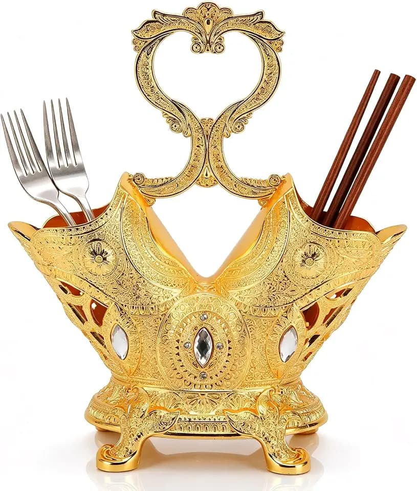 Cyrank Vintage Utensil Holder, Gold Kitchen Utensil Holder for Countertop Metal Utensil Organizer Silverware Caddy Storage Holder for Flatware, Cutlery, Spoon, Fork