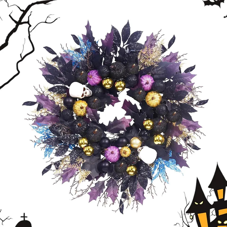 24 Inch Halloween Wreaths for Front Door, Black Maple Leaf Wreath with Glitter Purple Pumpkins, White Skull Ornaments, Indoor Outdoor Porch Wall Halloween Party Decor (Black, Large)