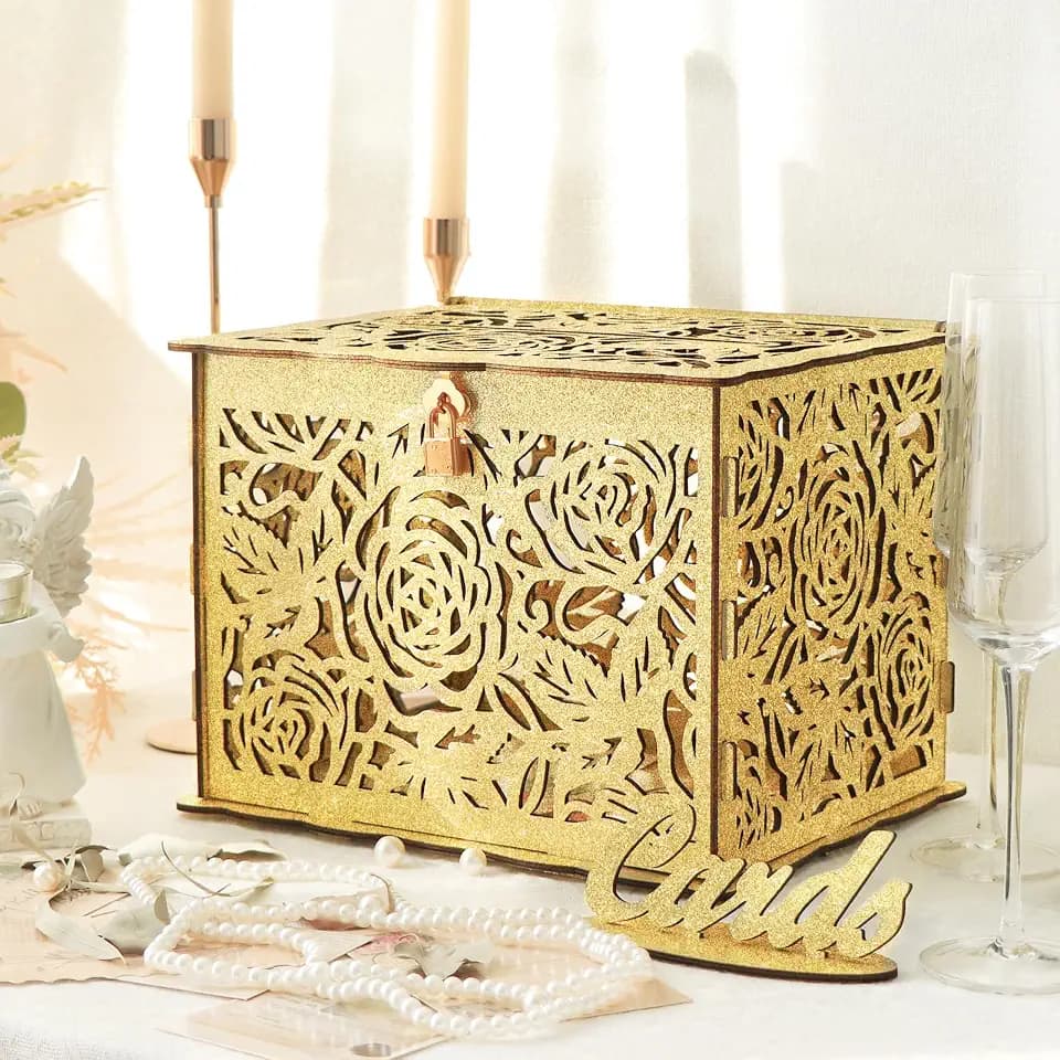 Glittery Gold Wedding Card Boxes for Reception, Gift Card Box for Wedding