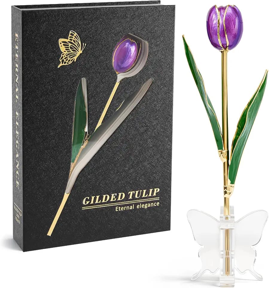 Mikasol Real 24K Gold Dipped Tulip – Elegant Violet, Romantic Forever Flower Gift with Book-Style Box & Butterfly Stand, Perfect for Wife, Girlfriend, Anniversary, Mother’s Day