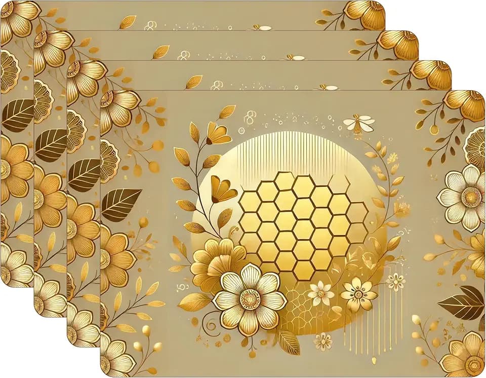 Set of 4 Cork Backed Placemats, Kitchen and Dining Table Decoration Design Hard Placemat 12" x 16" (Honeycomb)