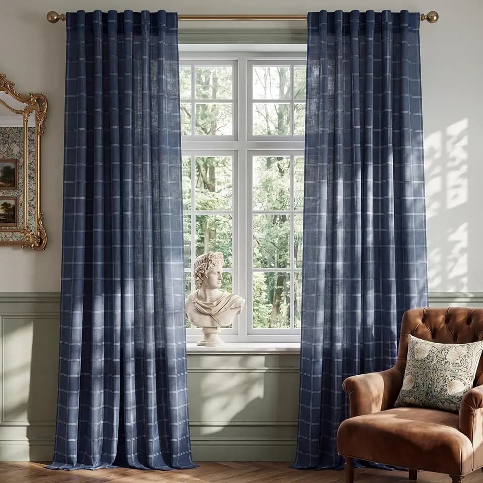 NICETOWN Navy Blue Linen Plaid Gingham Curtains for Bedroom 2 Panels Set