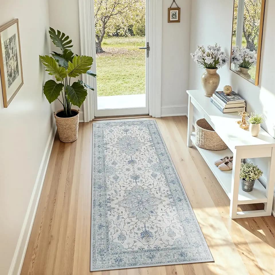 RELEANY Washable Area Rug, Runner 2'6"x8', Blue/White/Gray