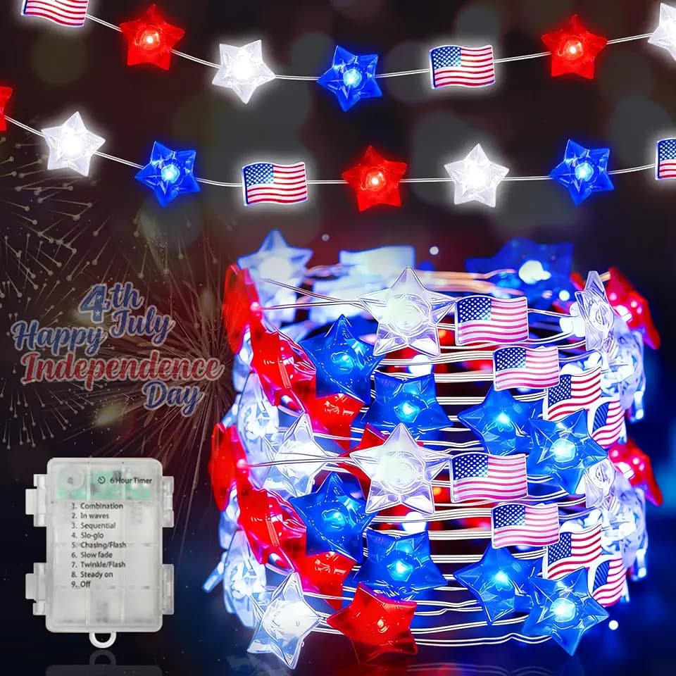 LAMPHOME Red White and Blue Patriotic String Lights, 16FT 50 LED 4th of July Decorations Battery Operated Fairy Lights with 8 Functions &Timer for Independence Day Memorial Day Home Decor