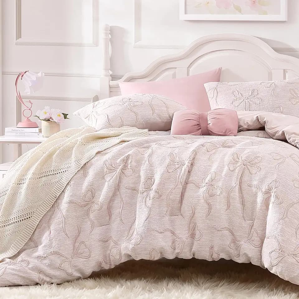 Andency King Soft Peach Bow Comforter Set, 3D Tufted Bedding Set for Girl