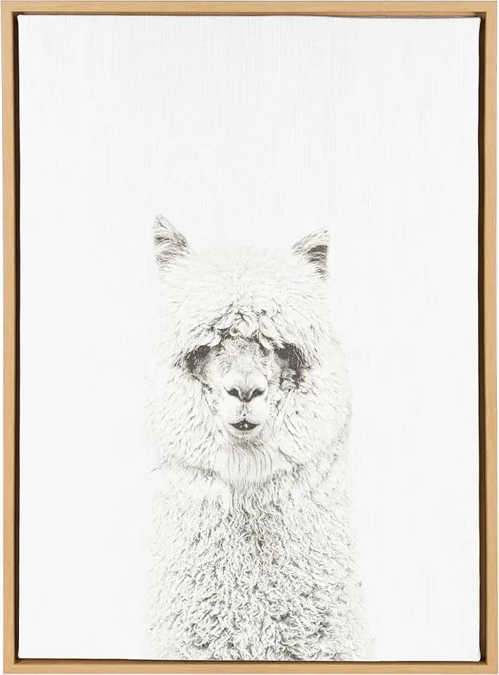 Kate and Laurel Sylvie Hairy Alpaca Black and White Portrait Framed Canvas Wall Art by Simon Te Tai, 23x33 Natural