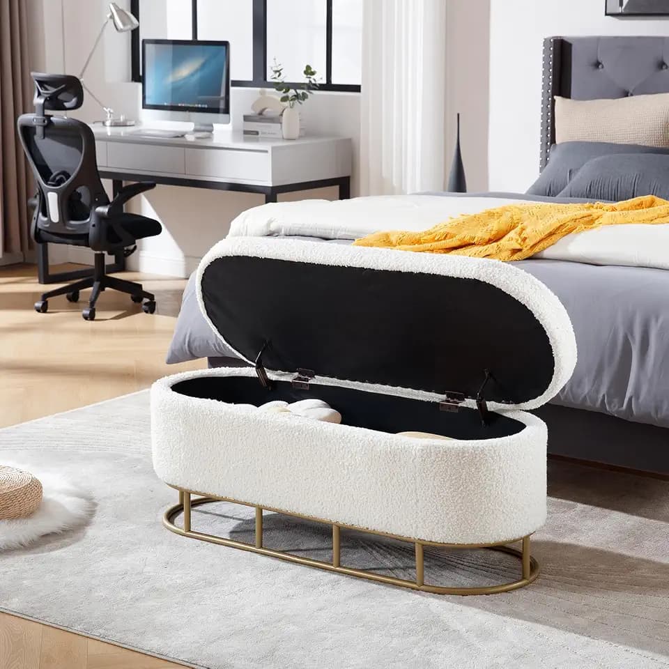 Upholstered Storage Bench, 47.6 Inch Storage Ottoman with Metal Legs, Modern Bedroom Bench with Storage for Living Room, Large Settee Ottoman with Safety Close Hinge for Bedroom End of Bed Entryway W